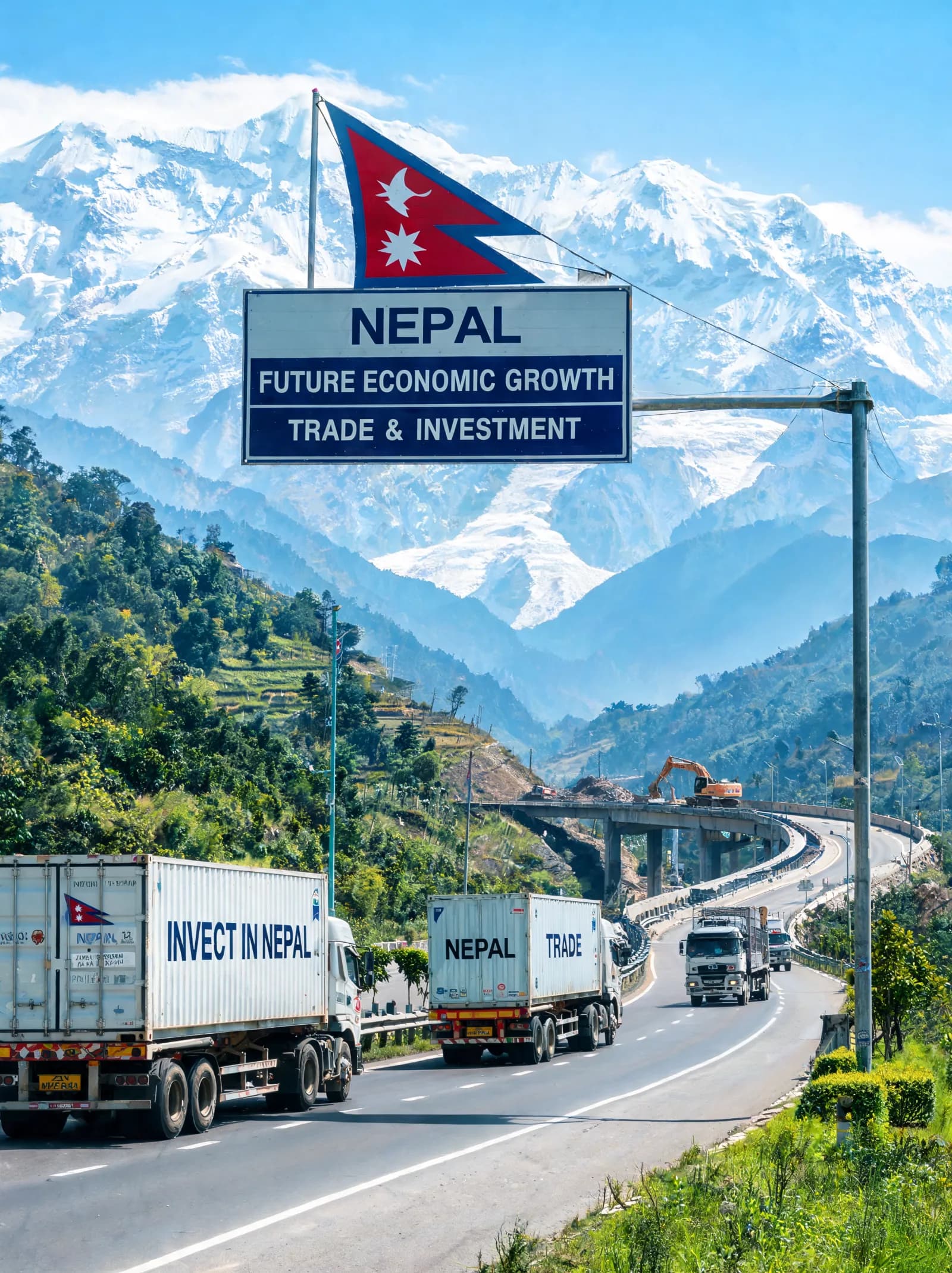 A Nepal trade and investment sign over the highway, with the Himalaya behind it